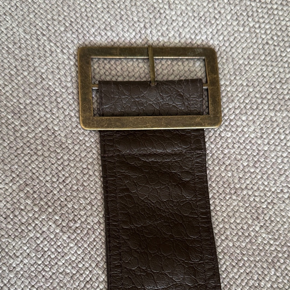 Brown Leather Look Belt with Brass Buckle